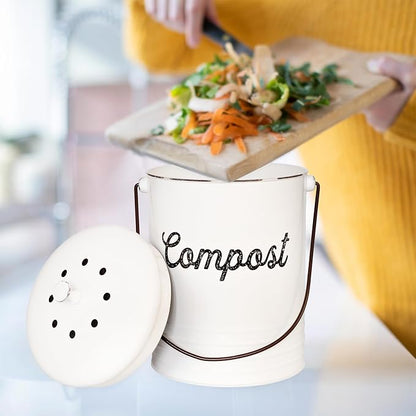 AuldHome Design Kitchen Compost Bin for Countertop | 1.3 Gallon Composting Bucket with Lid | Includes 3 Charcoal Filters | (White Enamel)