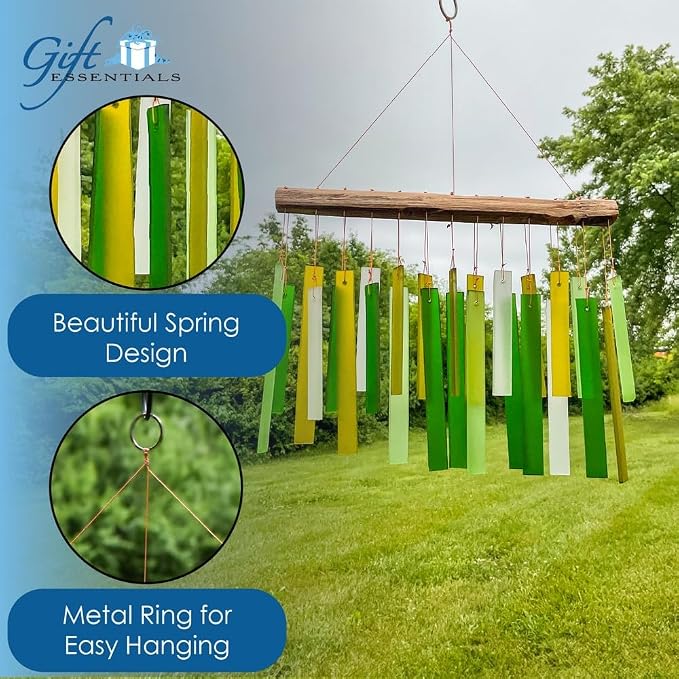 Spring Colors Glass Driftwood Wind Chime, Green Garden Decor, 11 Inch | Spring Green Glass; Driftwood Accent; Garden Patio Decor; Handcrafted Wind Chime