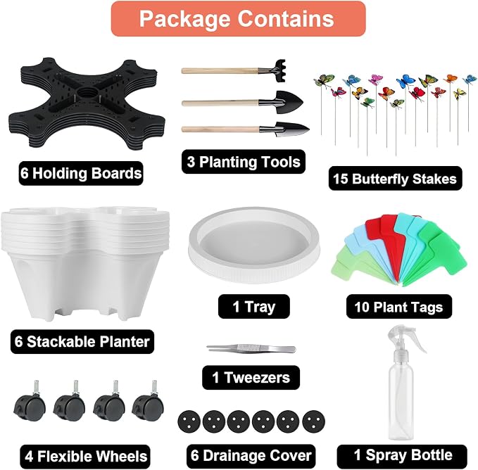 GameXcel Vertical Planter, 6 Tier Stackable Strawberry Planter with Garden Tool Set, Movable Indoor/Outdoor Garden Herb Pot for Growing Vegetables and Succulents, White