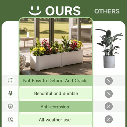 Steel Planter Box-32"x15"x15"-Rectangular Planters for Outdoor Plants, White Matel Planter Box Raised Support Feet for Patio, Deck, Garden, Yard, Drain Holes, Easy Assembly