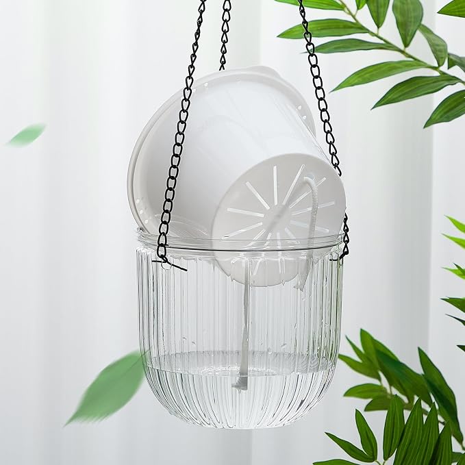 Meanplan 4 Pcs Self Watering Hanging Planter Indoor 6.5 Inch Hanging Baskets for Plants Outdoor Plastic Flower Pot with 3 Hooks Chains Drainage Holes for Garden Home, Medium Size(Clear)