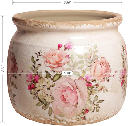 Xiaan Jiaju Ceramic Planter for Indoor Plants, 6.29 Inch Rose Pattern Crackle Glaze Flower Pot with Drainage Hole, Orchid Succulent Pots, European Farmhouse Bedroom Balcony Decor Gift, Pink