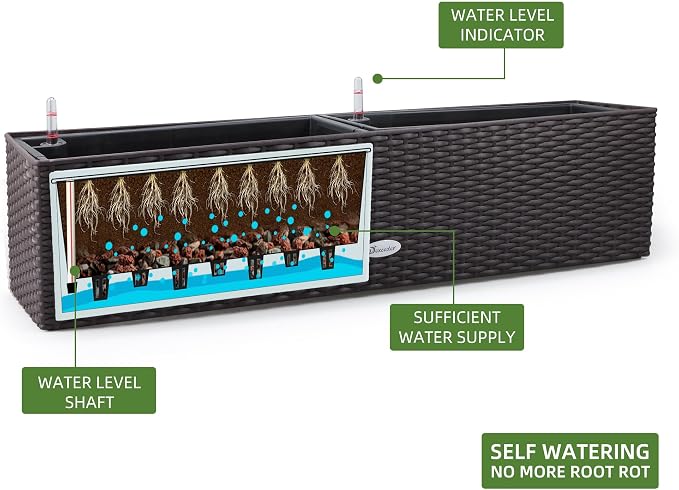 Dexceder 31.5 Inch Self Watering Rail Window Box with Bracket (Brown) | Thickened Large Rattan Planter Flower Plant Pot with Water Level Indicators Indoor Outdoor