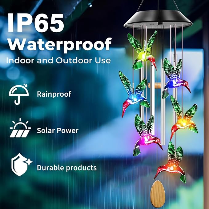 Solar Hummingbird Wind Chimes with 4 Music Aluminum Tubes | Wind Chimes for Outside,Best Gifts for Mom Grandma Women Wife Aunt Sister, Unique Mobile Wind Chime, Garden Yard Decor