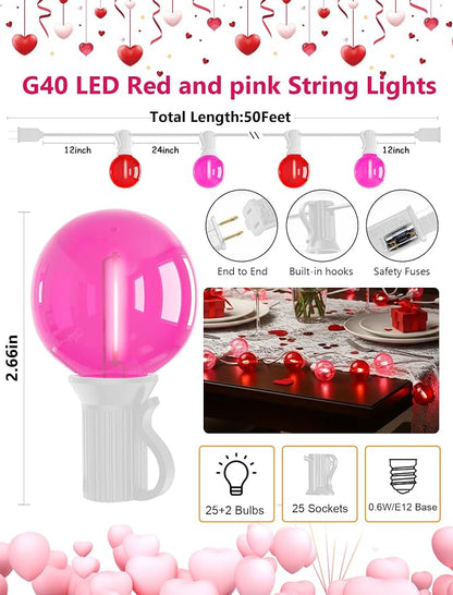 LED Valentine’s Day String Lights, 50Ft Valentines Decorations Outdoor | 25+2 G40 Round Bulbs, Connectable, Shatterproof Hanging Indoor Fairy Lights for Wedding Date Patio, Clear Red Pink