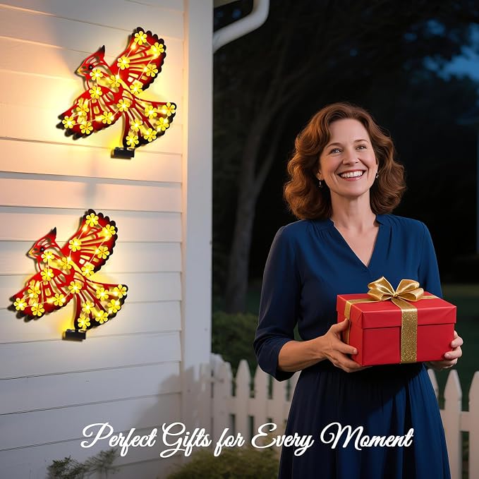 Metal Cardinal Outdoor Wall Decor with 30 Led Solar Lights- 15.9" Outdoor Fence Wall Art Decor, Gift for Mom Grandma Women Birthday Gardening,Hanging Decoration for Garden Patio Porch Yard
