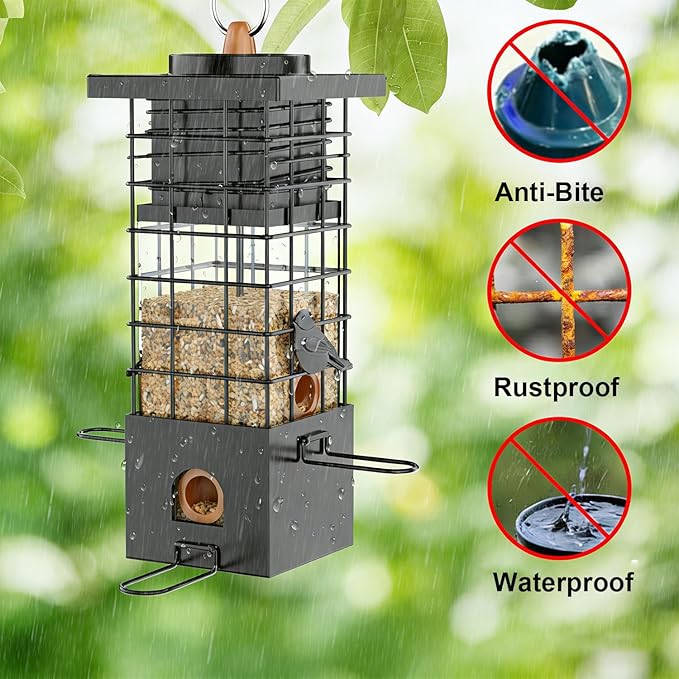 KRUOO Heavy Duty Metal Squirrel Proof Bird Feeder, 2.5LB Large Capacity, Weather Resistant, Easy Refill & Clean, Hanging Wild Bird Feeder
