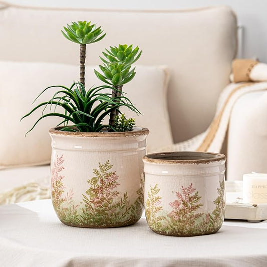 SURE YUESI Ceramic Plant Pots Set of 2, 4.7+5.7 Inch Vintage Indoor Planters with Drainage Hole, Farmhouse Ceramic Flower Pots for Indoor Plants, Rustic Cottage Decor for Home Kitchen Garden, Pink