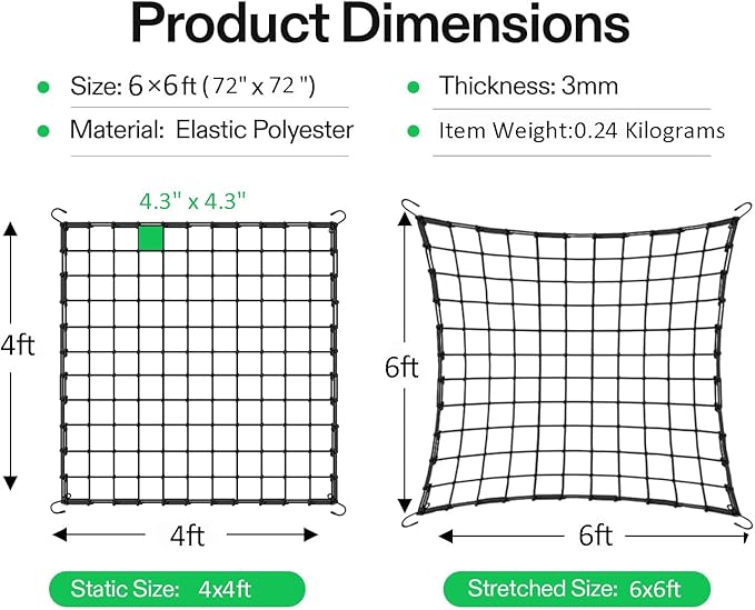 6x6 Ft Elastic Plant Trellis Net - 2-Pack Heavy Duty Garden Support Net with 4 Hooks for Grow Tents, Climbing Vegetables, Fruits & Flowers (Black)
