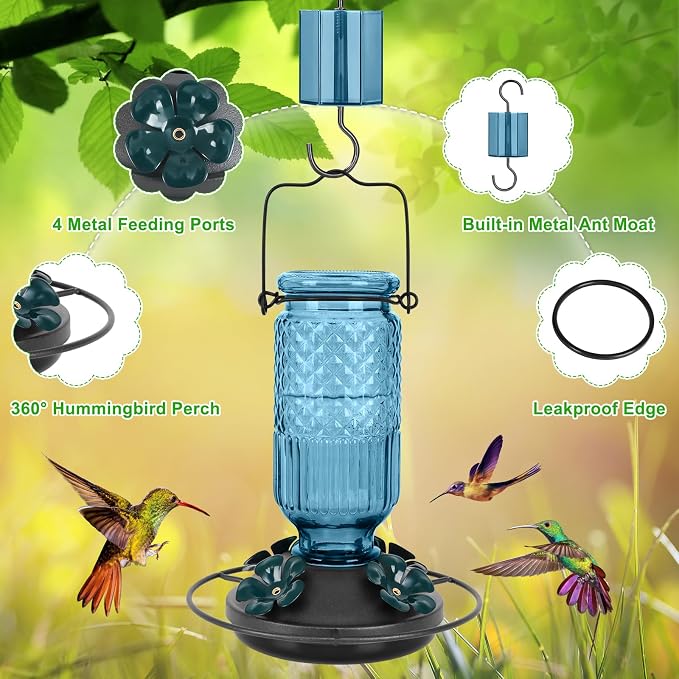 FEED GARDEN Glass Hummingbird Feeder for Outdoors Hanging, 16 oz Leak-Proof Nectar Feeder with Bee Guards & Ant Moat, 4 Metal Flower Feeding Ports, 360° Perch Ring, Easy Refill & Clean, Blue
