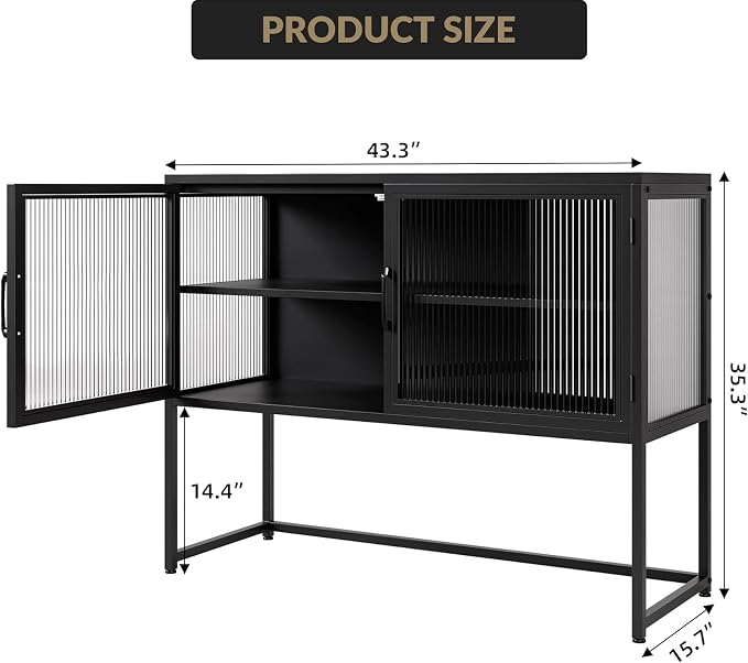 GarveeHome Buffet Cabinet with Glass Doors, Sideboard Cabinet with Adjustable Shelves, Freestanding Glass Storage Cabinet for Kitchen, Living Room, Dining Room, Black