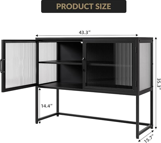 GarveeHome Buffet Cabinet with Glass Doors, Sideboard Cabinet with Adjustable Shelves, Freestanding Glass Storage Cabinet for Kitchen, Living Room, Dining Room, Black