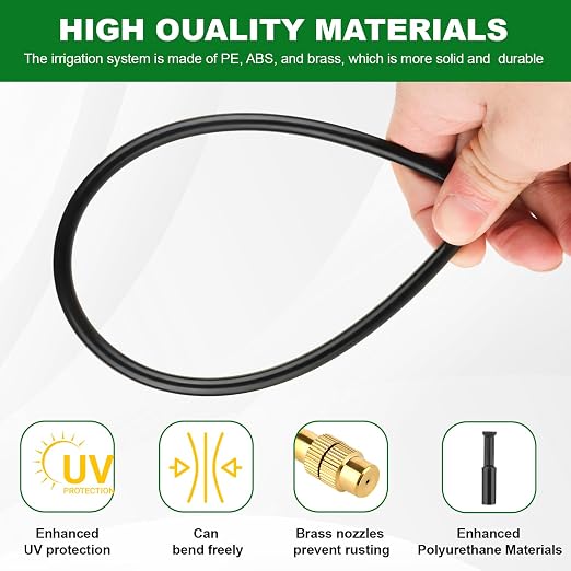 Drip Irrigation System, 30FT 1/4" Garden Watering for Outdoor Plants & Raised Beds, 10pcs Upgraded Brass Nozzles 360° Adjustable Misting Kit, UV-Resistant Tubing for Greenhouse, Lawn & Patio Cooling