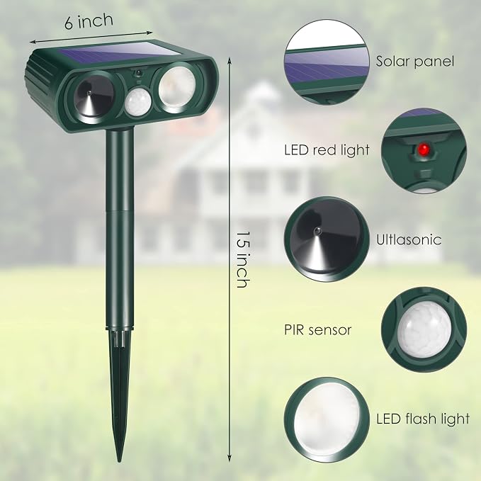4 Pack New Solar Animal Repellent Ultrasonic Outdoor for Cats Squirrels Racoons Rabbits Foxs Dogs Deer Repellent Devices with Motion Sensor & Flash Light,IP65 Waterproof Animal Deterrent for Garden