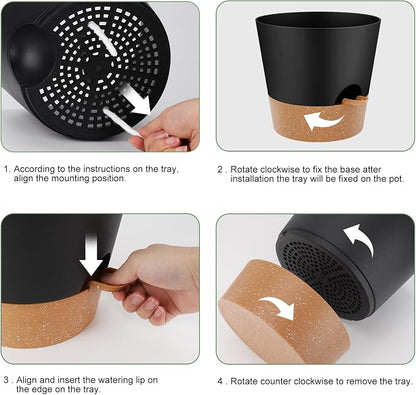 YNNICO 10-Inch Plant Pots, Self-Watering Planters with Drainage Holes & Saucers for Indoor and Outdoor Plants (2-Pack, Black)