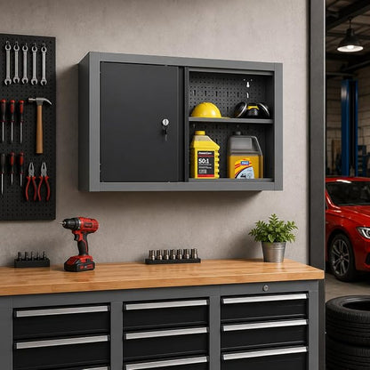 JZD Steel Wall Cabinet, Industrial-Grade Workshop Storage Solutions with Two Removable Shelves, for Garage Home Kitchen Utility Room Mechanics