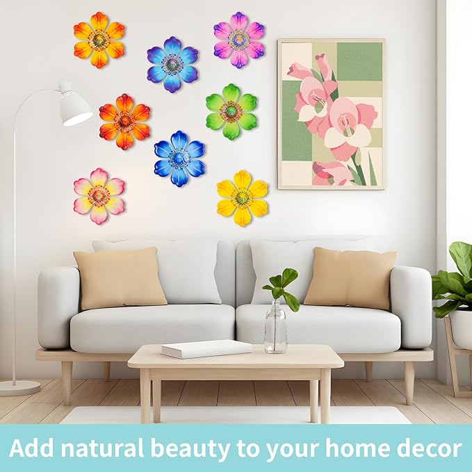 8Pcs Metal Flower Decor, 6.2" Outddoor Metal Wall Art Hanging Decoration for Garden Fence Yard Living Room Patio Backyard, Metal Flowers for Outside