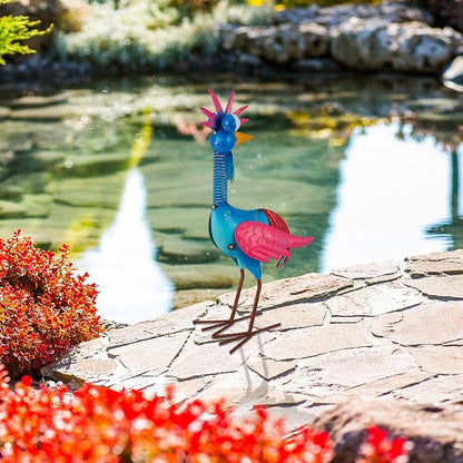 Metal Wacky Rooster Garden Statue for, Patio, Backyard, Lawn | 18'' Rooster Decor, Yard Statue Decorations Outdoor, Chicken Yard Art, Blue & Pink