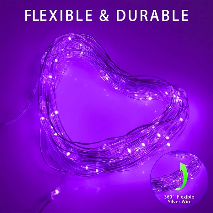 Solar Christmas Halloween String Lights Purple Outdoor Waterproof 2Pack Total 200Led 8 Modes Copper String Lights Fairy Lights for Valentine's Day Garden, Patio, Fence, Balcony, Outdoors