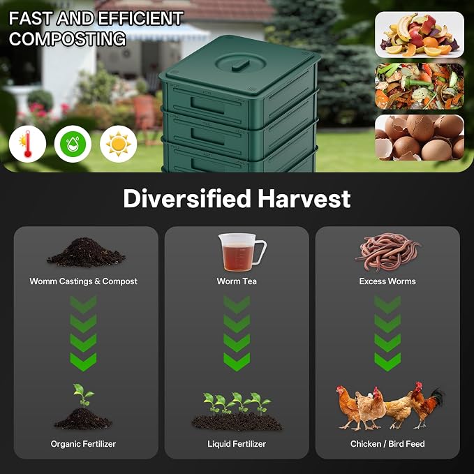 85L Worm Compost Bin, 5-Layer Worm Composter for Indoor & Outdoor, Starter Kits for Vermicomposting Starter, Garden Worm Composting Bin for Recycling Food Waste (Green)