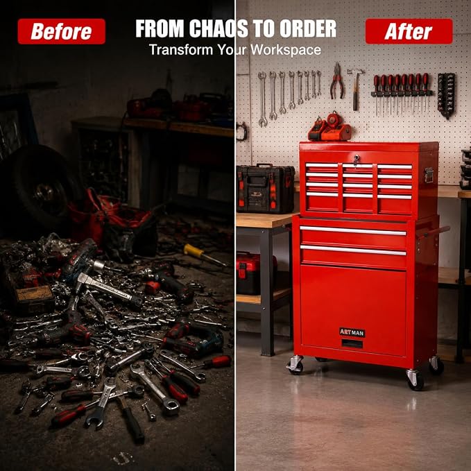 8-Drawer Tool Chest, Detachable Top Box for Garage,Red | Rolling Mobile Storage Cabinet Organizer with Lockable Wheels for Workshop Utility, Heavy Duty Metal Construction