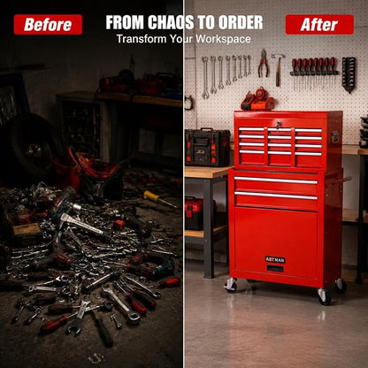 8-Drawer Tool Chest, Detachable Top Box for Garage,Red | Rolling Mobile Storage Cabinet Organizer with Lockable Wheels for Workshop Utility, Heavy Duty Metal Construction