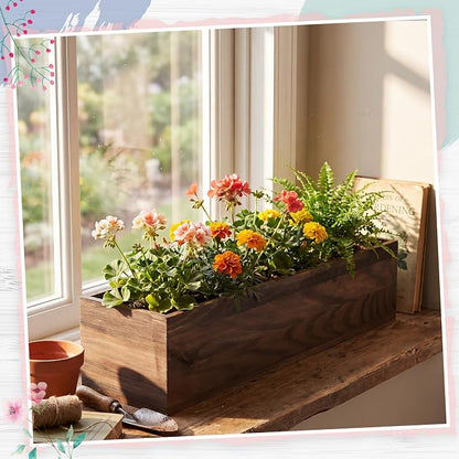 Dandat 2 Set Wood Boxes for Centerpieces 16x4 Inch Rectangle Wooden Planter Box Rustic Wooden Planters with Removable Plastic Liner Floral Foam Blocks for Christmas Wedding Home Garden Decor(Brown)