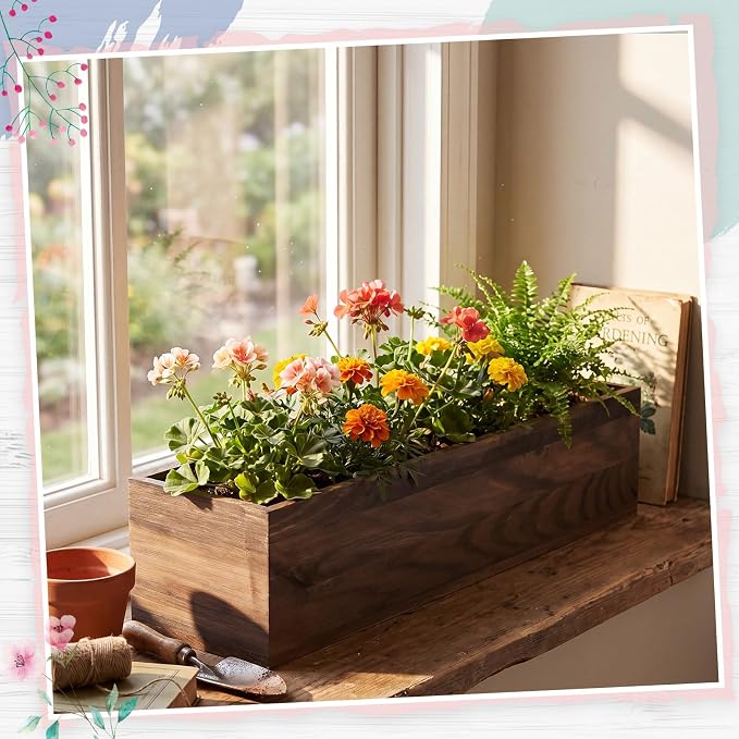 Dandat 1 Set Wood Boxes for Centerpieces 16x4 Inch Rectangle Wooden Planter Box Rustic Wooden Planters with Removable Plastic Liner Floral Foam Blocks for Christmas Wedding Home Garden Decor(Brown)