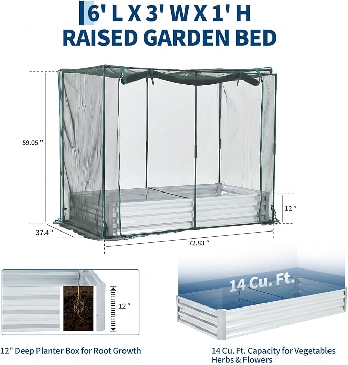 6x3x1Ft Galvanized Raised Garden Bed Kit w/Self Watering Irrigation & Mesh Cover, Metal Bottomless Raised Planter Box for Veggies Herbs Flowers, Rustproof Elevated Garden Bed Backyard Patio Farm