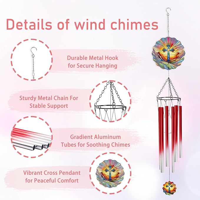 Colorful Cross Wind Chimes for Outside with Wind Spinner, Outdoor Summer Garden Patio Yard Porch Decor, Religious Cross Wind Chime with Gift Box, Christian Gifts for Women Mom
