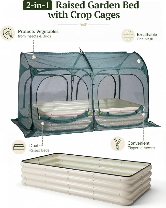 PORAYHUT All-in-One Raised Garden Bed and Crop Cage Kit, Metal Outdoor Planter Box with Protective Mesh Greenhouse Cover for Backyard Vegetables, Herbs, Flowers and Patio Gardening