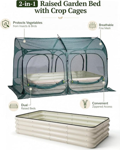 PORAYHUT All-in-One Raised Garden Bed and Crop Cage Net Kit, Metal Outdoor Planter Box with Protective Mesh Greenhouse Cover for Backyard Vegetables, Herbs, Flowers (5.25 * 2.6FT Raised Bed &NET)