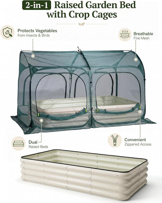 PORAYHUT All-in-One Raised Garden Bed and Crop Cage Net Kit, Metal Outdoor Planter Box with Protective Mesh Greenhouse Cover for Backyard Vegetables, Herbs, Flowers (5.25 * 2.6FT Raised Bed &NET)
