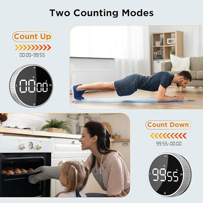 Digital Kitchen Timer - Magnetic Countdown Count Up Clock with Large LED Display, 5/15/25 Min Presets, 3 Volume Levels, Rotary Dial for Cooking, Productivity, Classroom, Fitness (1, Silver)