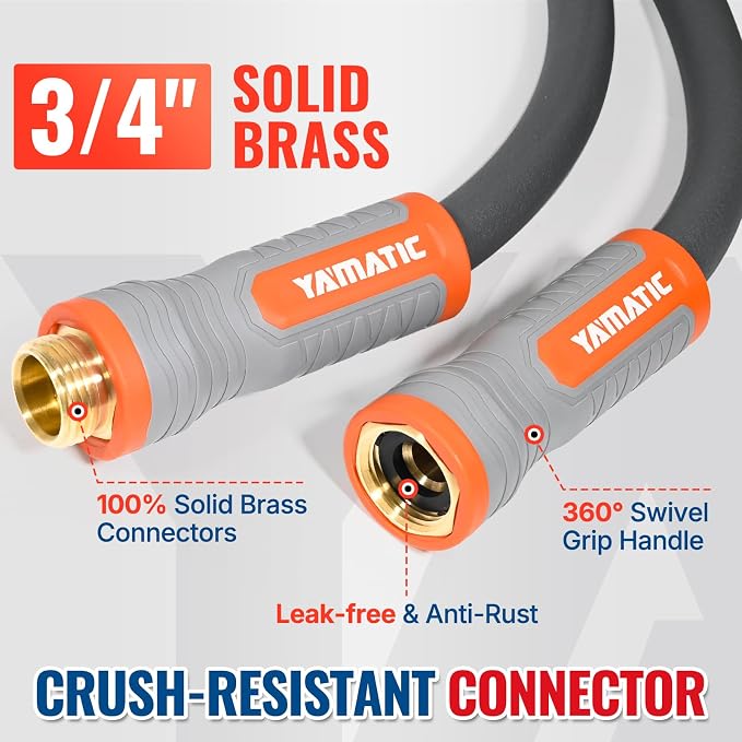 YAMATIC 75ft Flexible Garden Hose 5/8in with Swivel Handle, Burst 600 PSI | 75ft Heavy Duty Hybrid Water Hose with 3/4" Brass Connections for All Weather Lawn Yard Agriculture, 360° Rotating Fittings