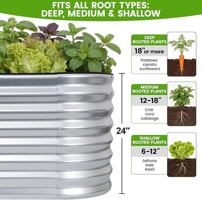 Galvanized Raised Garden Bed Outdoor 24'' Deep | Oval Metal Garden Beds with Easy Assembly & Planter Box for Planting Deep Root Vegetables Fruits Flowers, 6x2x2ft Silver