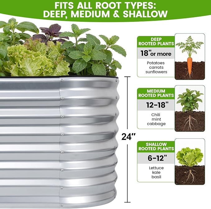 Galvanized Raised Garden Bed Outdoor 24'' Deep | Oval Metal Garden Beds with Easy Assembly & Planter Box for Planting Deep Root Vegetables Fruits Flowers, 4x2x2ft Silver