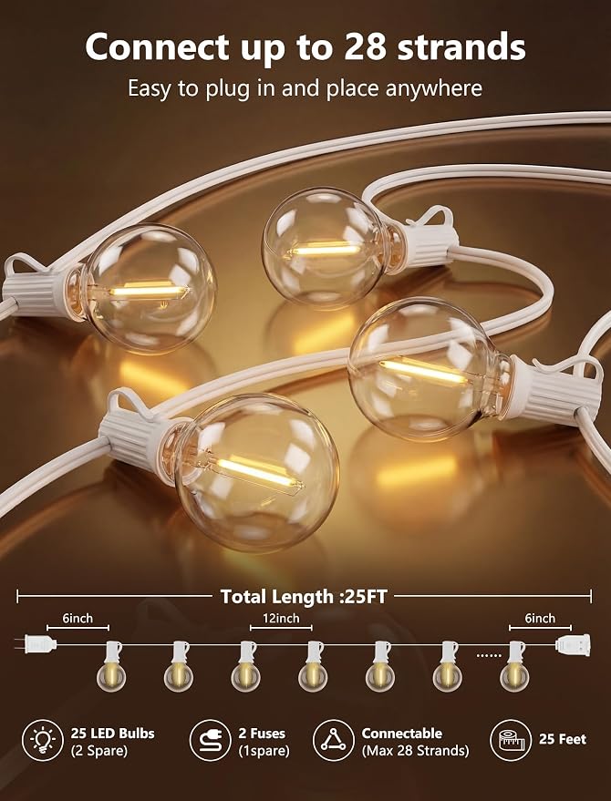 25Ft G40 LED Outdoor String Lights White, 27 Shatterproof Bulbs Waterproof | Plug In, Dimmable, Connectable, Hanging Outdoor Globe Lights for Patio Backyard Wedding Party Christmas, 2700K Warm White