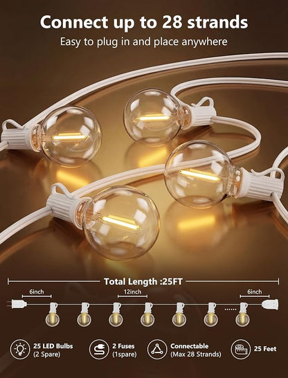 25Ft G40 LED Outdoor String Lights White, 27 Shatterproof Bulbs Waterproof | Plug In, Dimmable, Connectable, Hanging Outdoor Globe Lights for Patio Backyard Wedding Party Christmas, 2700K Warm White