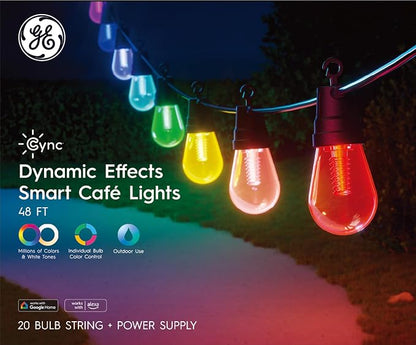 GE Cync Dynamic Effects Smart Cafe Lights, Color Changing Patio String Lights, Compatible with Alexa and Google, 48ft