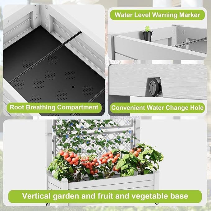 PatioZen Raised Garden Bed with Trellis, 21 Gallon Self Watering Planter Box with Lockable Wheels & Drainage Holes for Climbing Plants Vegetables Flowers, Anti-Rust Resin for Backyard Patio (Ashen)
