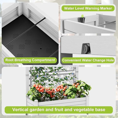 PatioZen Raised Garden Bed with Trellis, 21 Gallon Self Watering Planter Box with Lockable Wheels & Drainage Holes for Climbing Plants Vegetables Flowers, Anti-Rust Resin for Backyard Patio (Ashen)