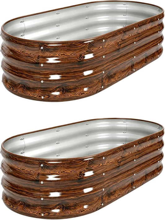 2 Pack 4x2x1 FT Galvanized Raised Garden Bed Kit, 12-Inch Deep Oval Metal Planter Boxes, Rust-Resistant Deep Root Planters for Outdoor Vegetables, Flowers, Herbs, Strawberry, tomatoes, Wood Grain