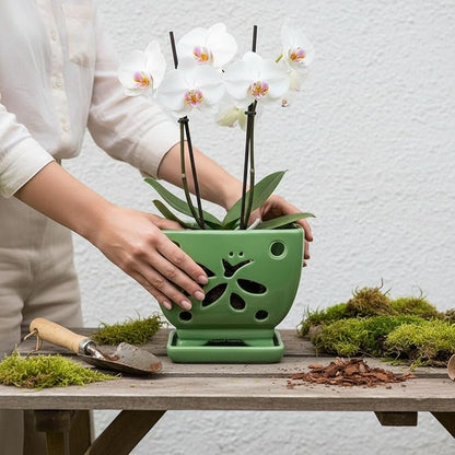 Orchid Pots with Holes Square Ceramic Orchid Planter Pots 5.5 inch (Green)