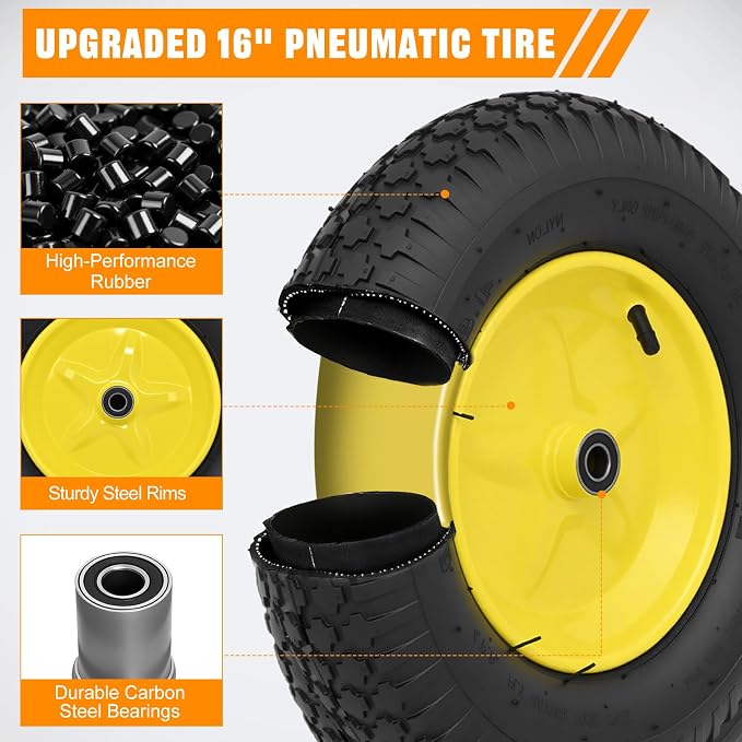 Yesker 16 Inch Pneumatic 4.80/4.00-8" Tire and Wheel, 16" Pneumatic Tires Wheels with 5/8" Bearings 2.2" Centered Hub for Wheelbarrow, Garden Gorilla Cart, Hand Truck (2 Pack)