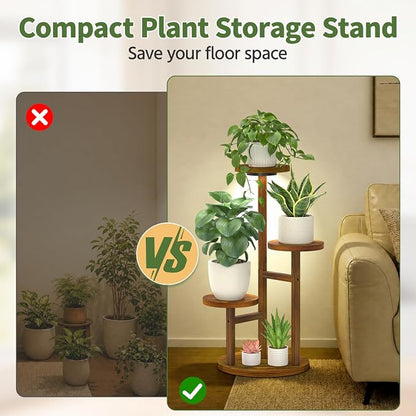 LASZOLA 3 Tiered Wood Plant Stand Indoor Corner with Grow Lights, Flower Holder Rack Tall for Multiple Plants, Rustic Planter Shelf Display for Patio Garden Balcony Living Room, Brown