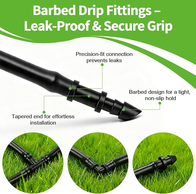 RedChili 160 Pack Drip Irrigation 1/4" Barbed Fittings Kit, Drip System Parts Double Barbed Connectors Includes Couplings Tees Elbows Plugs Fits 1/4-Inch Drip Tubing for Drip Line Connection
