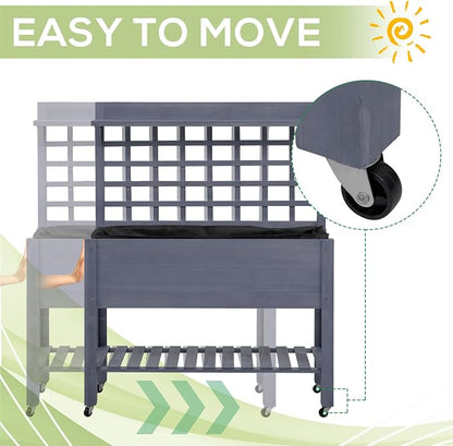 Outsunny 41" Raised Garden Bed with Trellis on Wheels, Wooden Elevated Planter Box with Legs and Bed Liner, for Flowers, Herbs & Vegetables, Gray