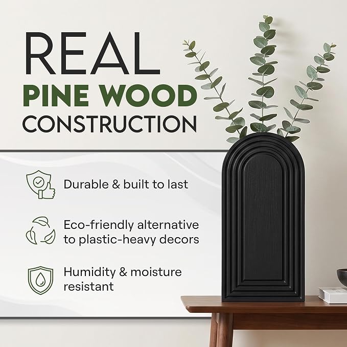 Wooden Wall Planter Vase Set of 2 - Natural Wood Wall Vases for Flowers & Decor - Wall Decor Farmhouse Walls Art for Hallway, Entryway, Bathroom, Living Room Set of 2 - Black Color