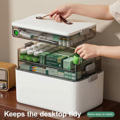 Spreezy 4-Tier Medicine Storage Box, Portable Empty First Aid Kit | Cabinet with Leather Handles. Large Capacity Multifunctional Storage Box with Lid and Clasp for Medicine, Sewing, Art, Craft